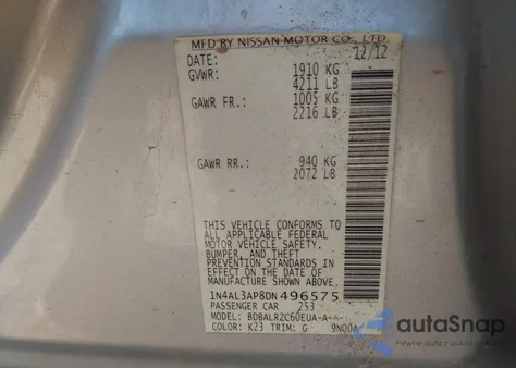 2013 Nissan Altima 2.5 S z USA, uszkodzony, nr VIN 1N4AL3AP8DN496575